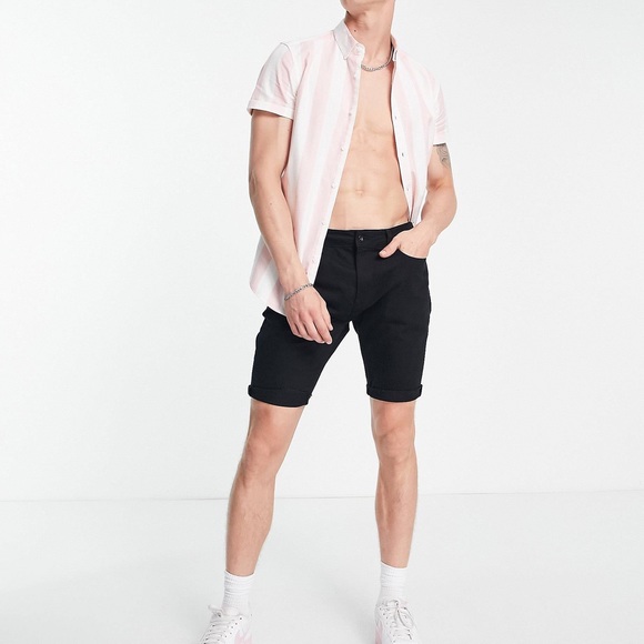 ASOS Strech Slim Oxford Stripped Pink Button Down with Raw Hem - Picture 1 of 3